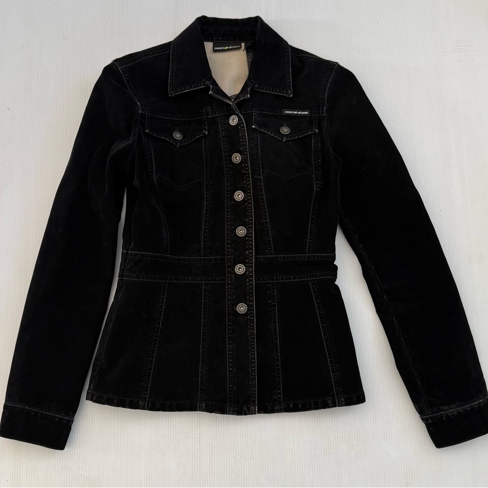 DKNY JEANS Distressed Cotton/Faux Velvet Tunic Jacket Sz Small Black